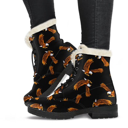 Eagles Print Pattern Faux Fur Leather Boots-JTAMIGO.COM