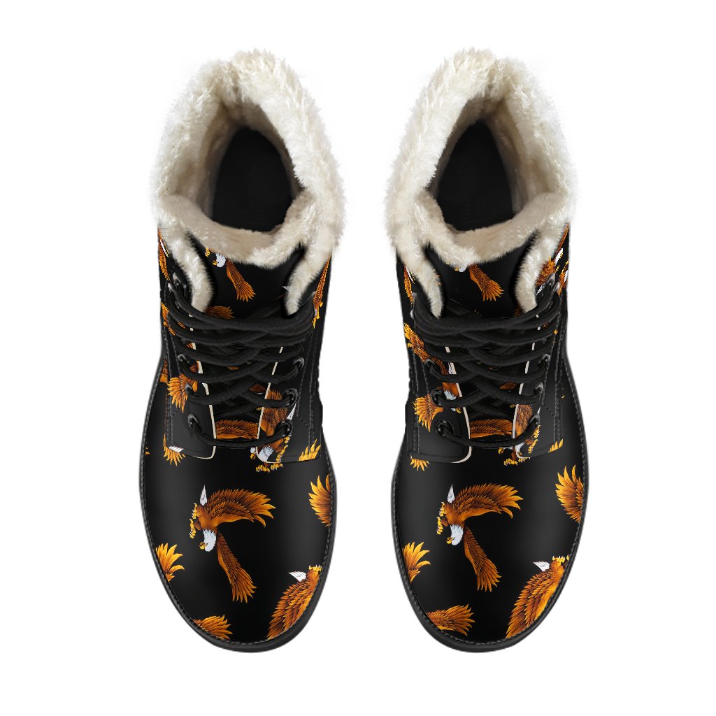 Eagles Print Pattern Faux Fur Leather Boots-JTAMIGO.COM