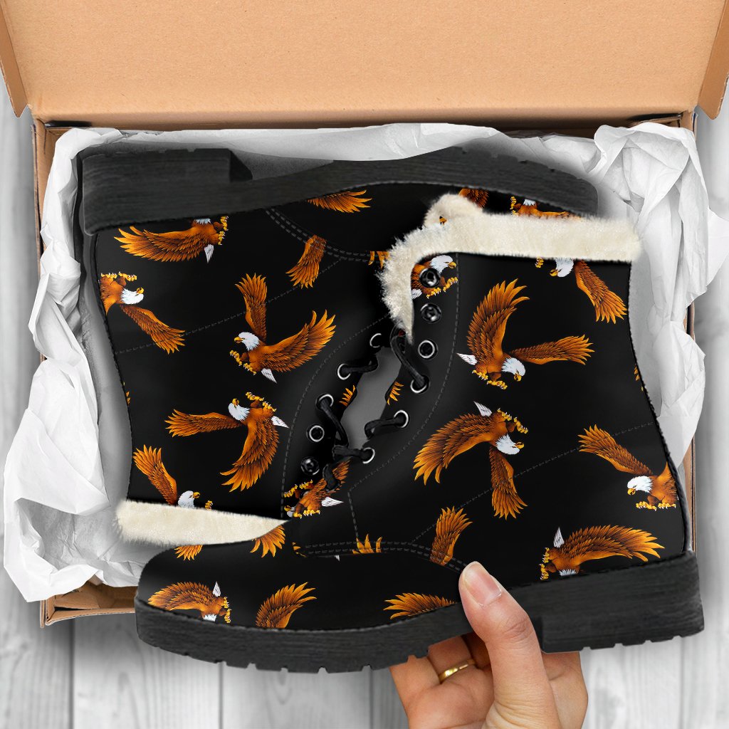 Eagles Print Pattern Faux Fur Leather Boots-JTAMIGO.COM