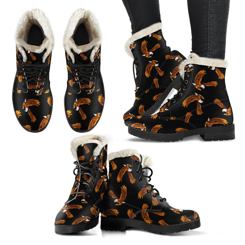 Eagles Print Pattern Faux Fur Leather Boots-JTAMIGO.COM