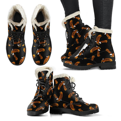 Eagles Print Pattern Faux Fur Leather Boots-JTAMIGO.COM