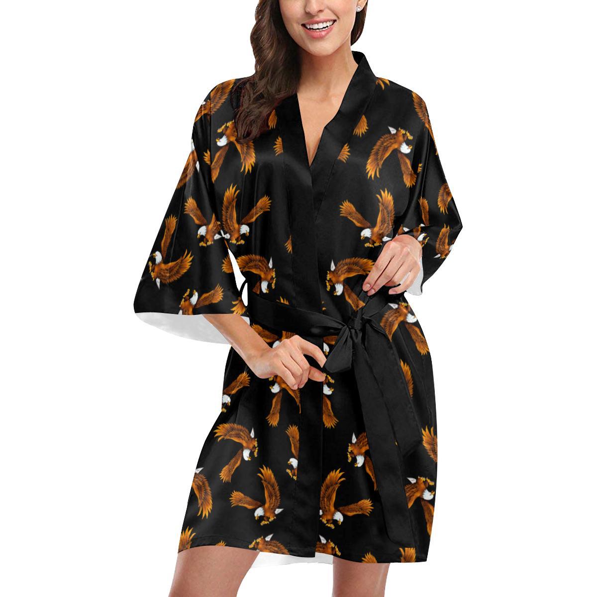 Eagles Print Pattern Women Short Kimono Robe