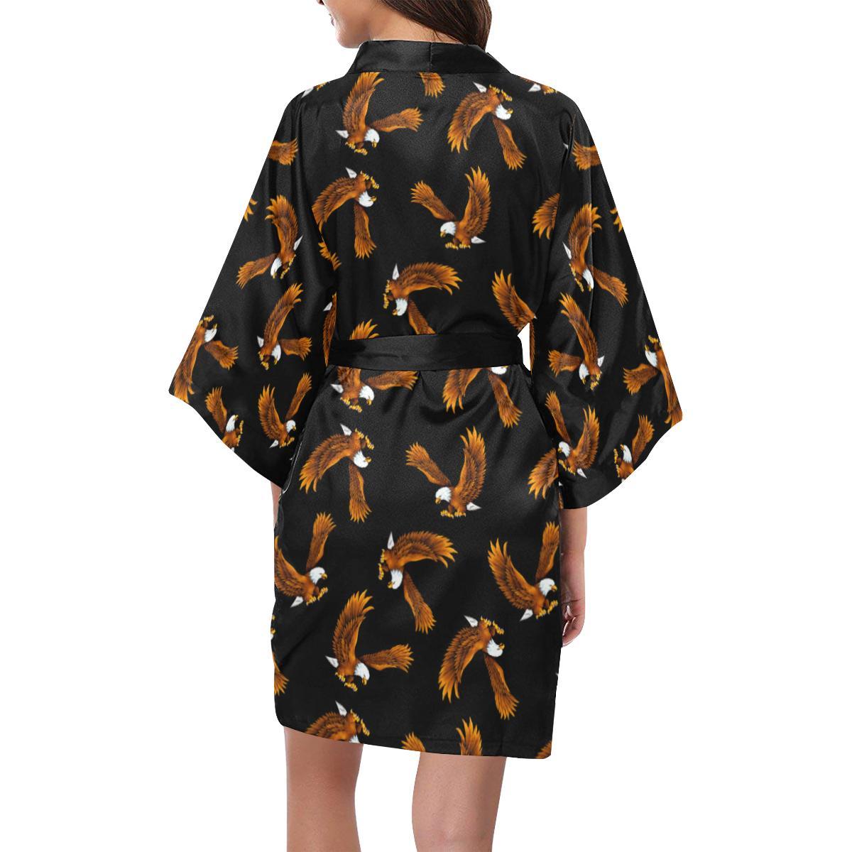 Eagles Print Pattern Women Short Kimono Robe