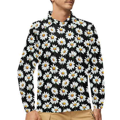 Daisy Print Pattern Long Sleeve Polo Shirt For Men's