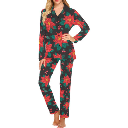 Poinsettia Pattern Print Design POT07 Women's Long Pajama Set