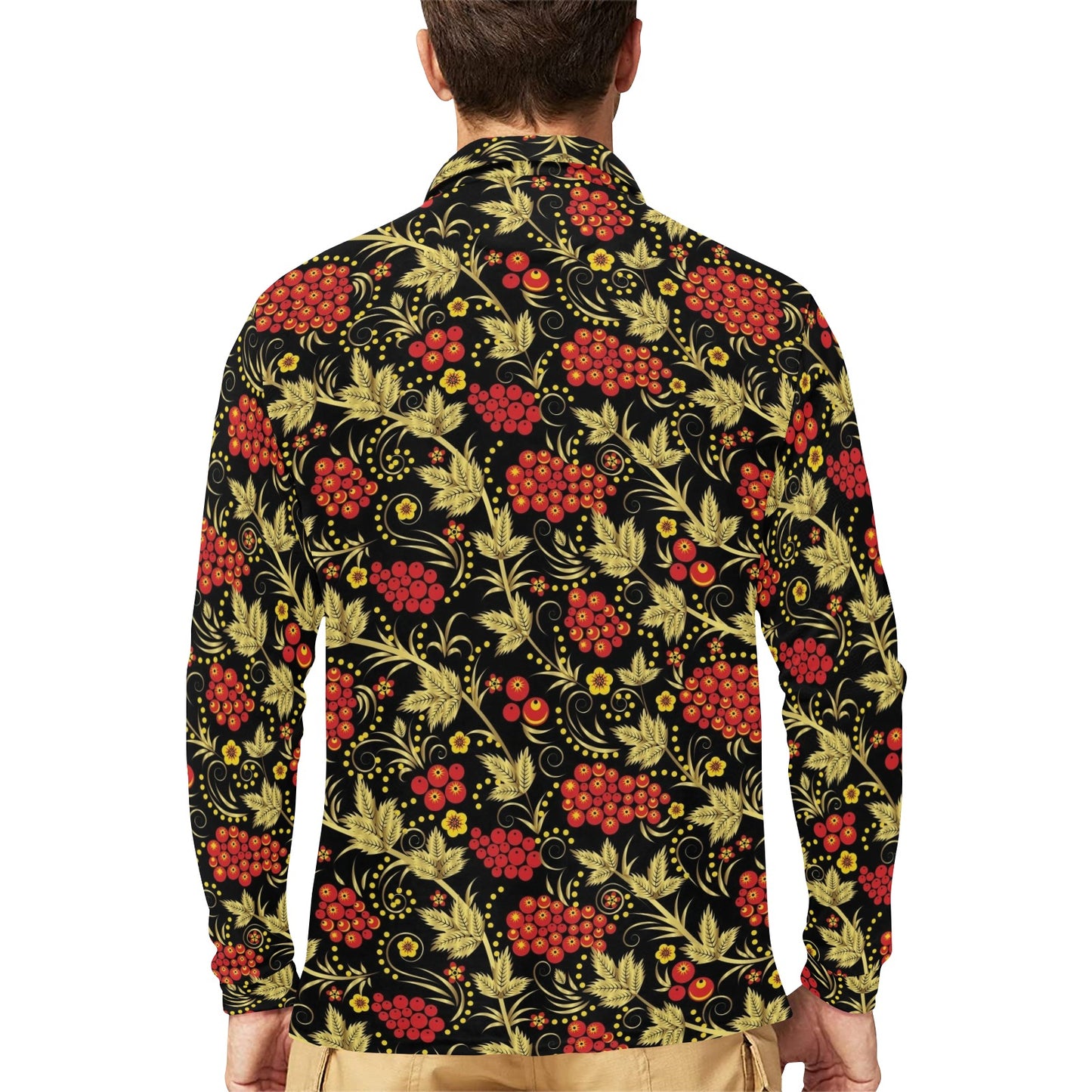 Cranberry Pattern Print Design CB02 Long Sleeve Polo Shirt For Men's