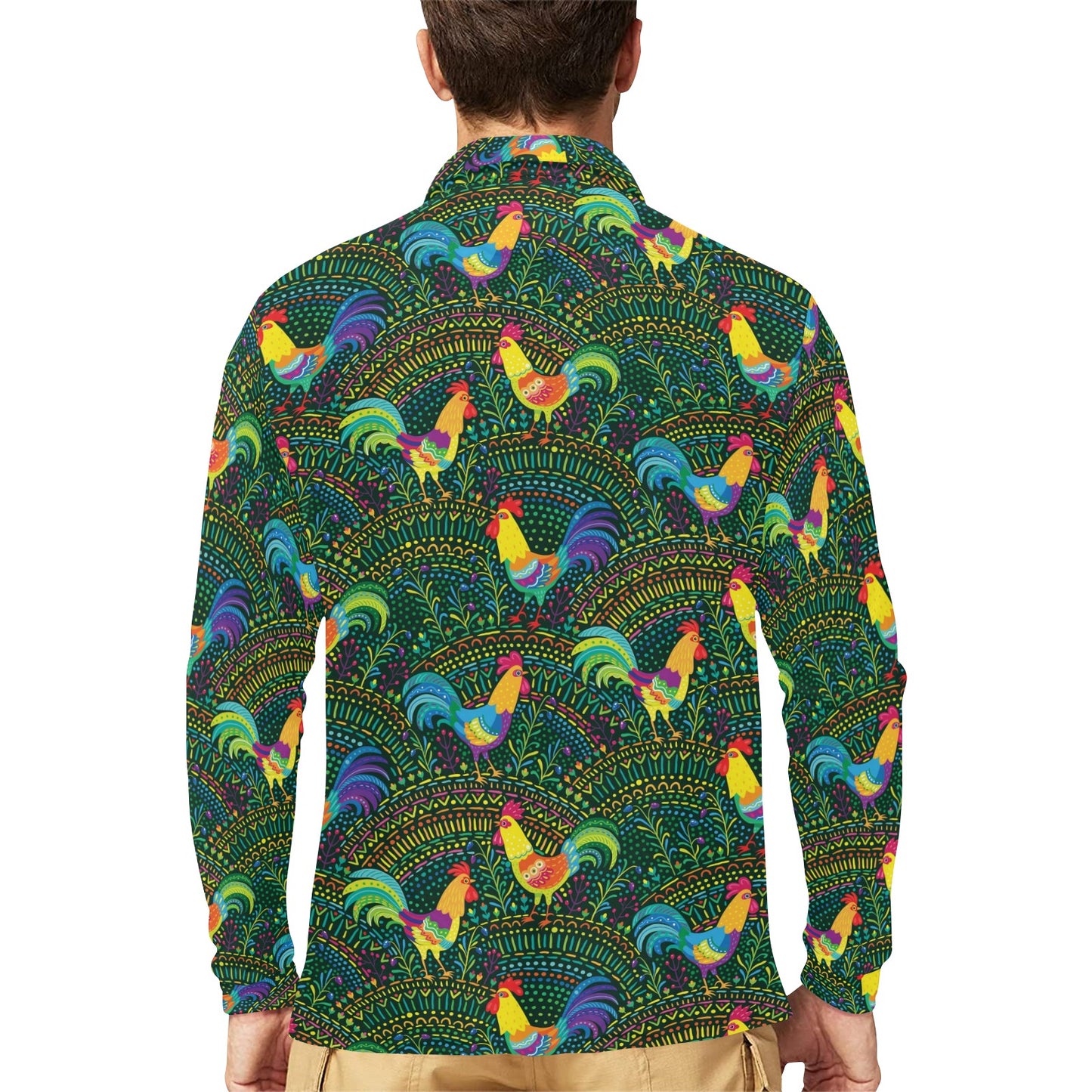 Rooster Pattern Print Design A01 Long Sleeve Polo Shirt For Men's