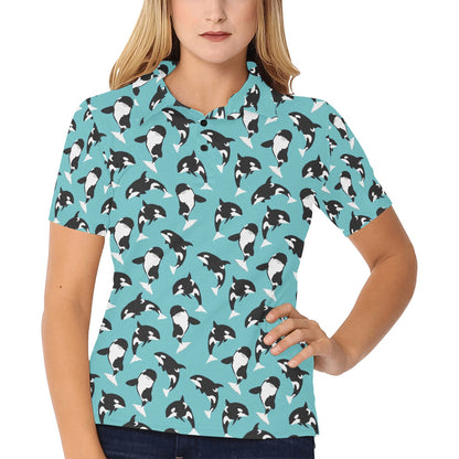 Whale Action Design Themed Print Women's Polo Shirt