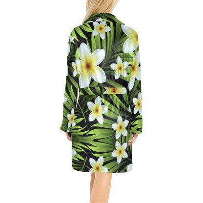 White Plumeria Pattern Print Design PM06 Women's Fleece Robe