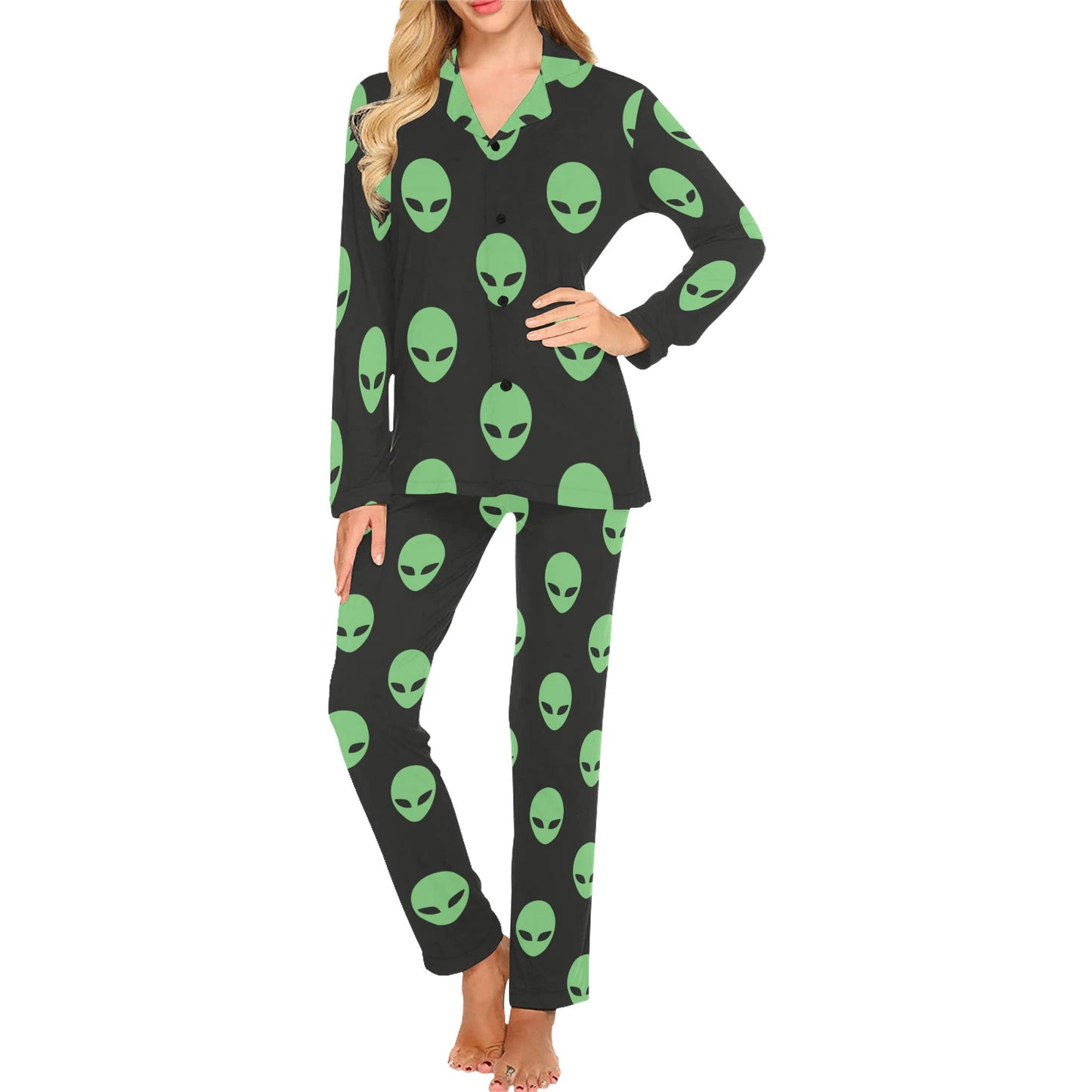 Alien Green Neon Pattern Print Design 01 Women's Long Pajama Set