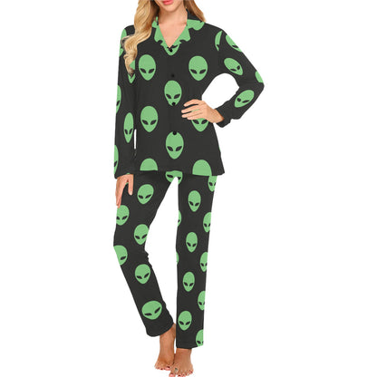 Alien Green Neon Pattern Print Design 01 Women's Long Pajama Set