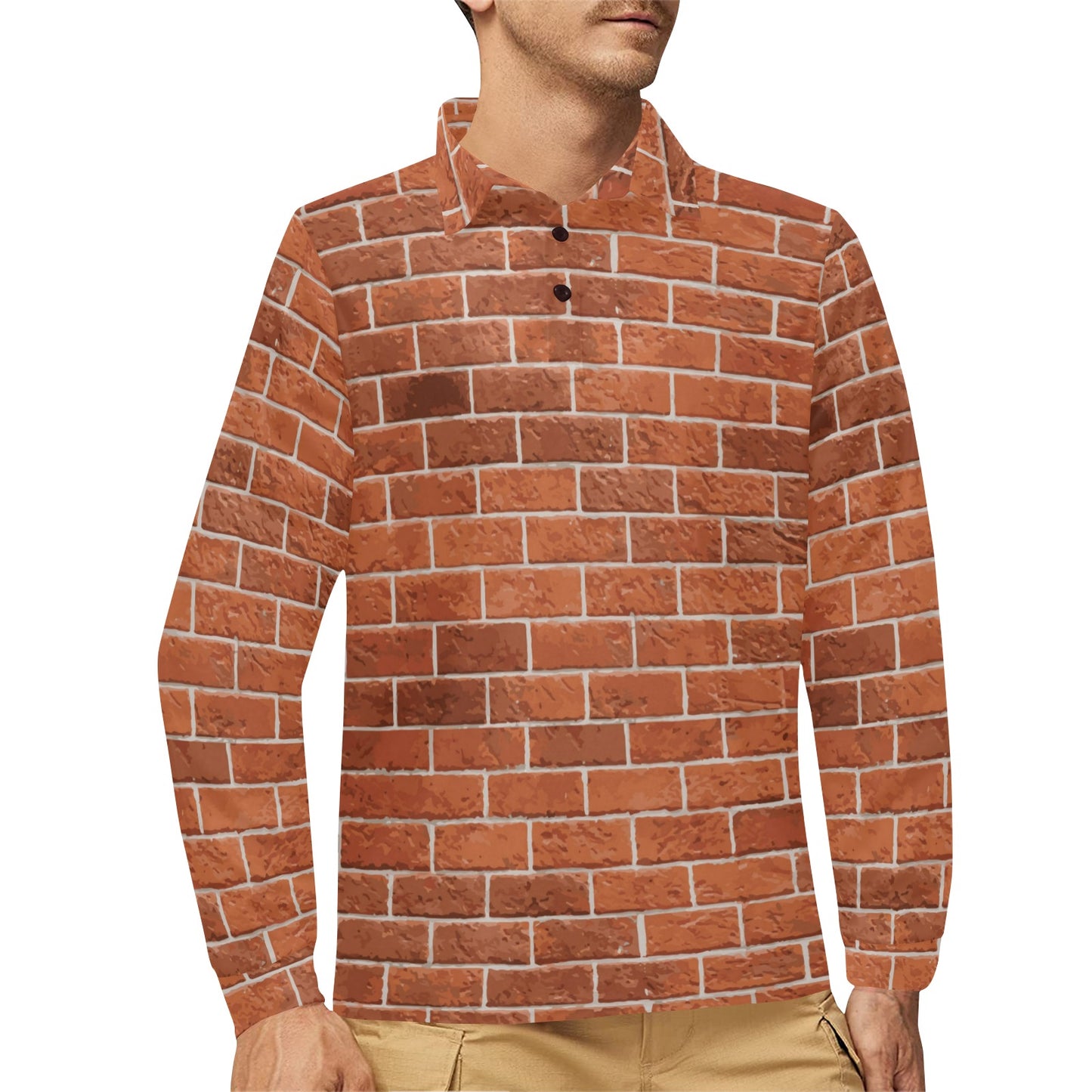 Brick Brown Pattern Print Design 02 Long Sleeve Polo Shirt For Men's