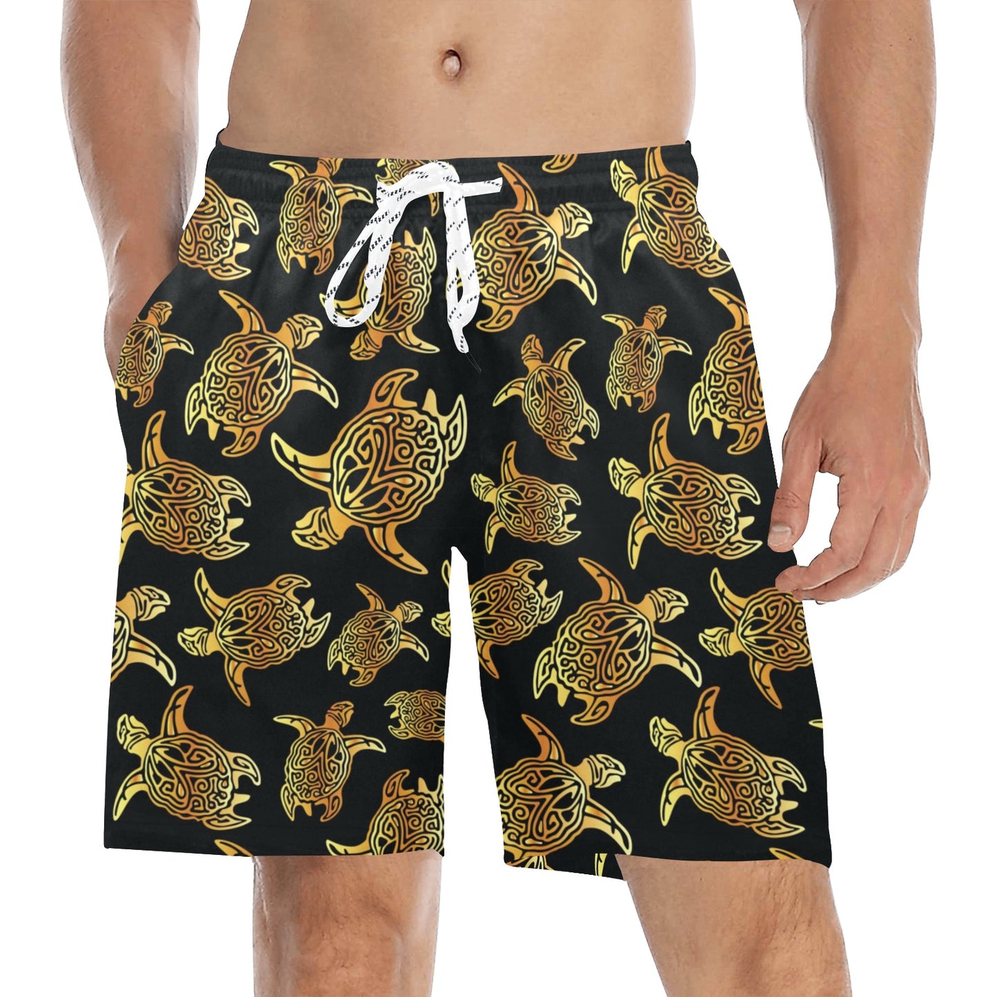 Gold Tribal Turtle Polynesian Themed Men's Swim Trunks Beach Shorts