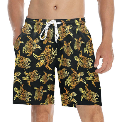 Gold Tribal Turtle Polynesian Themed Men's Swim Trunks Beach Shorts