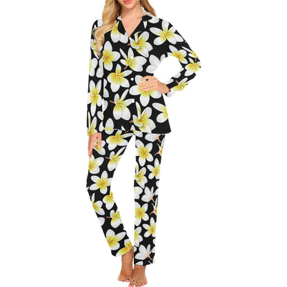 Yellow Plumeria Hawaiian Flowers Women's Long Pajama Set