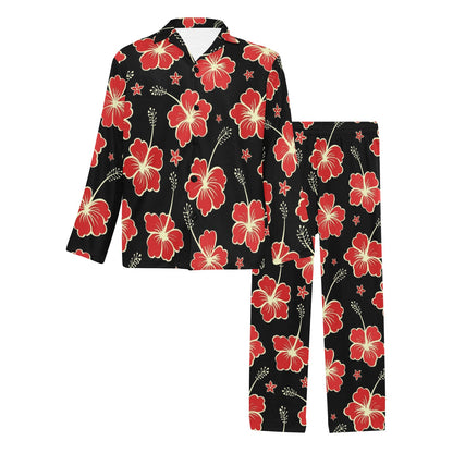Red Hibiscus Pattern Print Design HB021 Men's Long Pajama Set