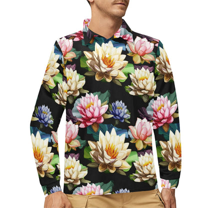 Water Lily Pattern Print Design WL02 Long Sleeve Polo Shirt For Men's