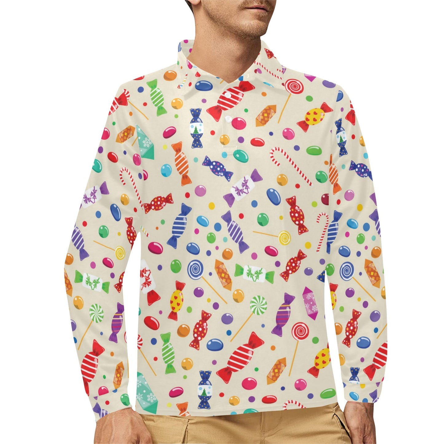 Candy Pattern Print Design 04 Long Sleeve Polo Shirt For Men's