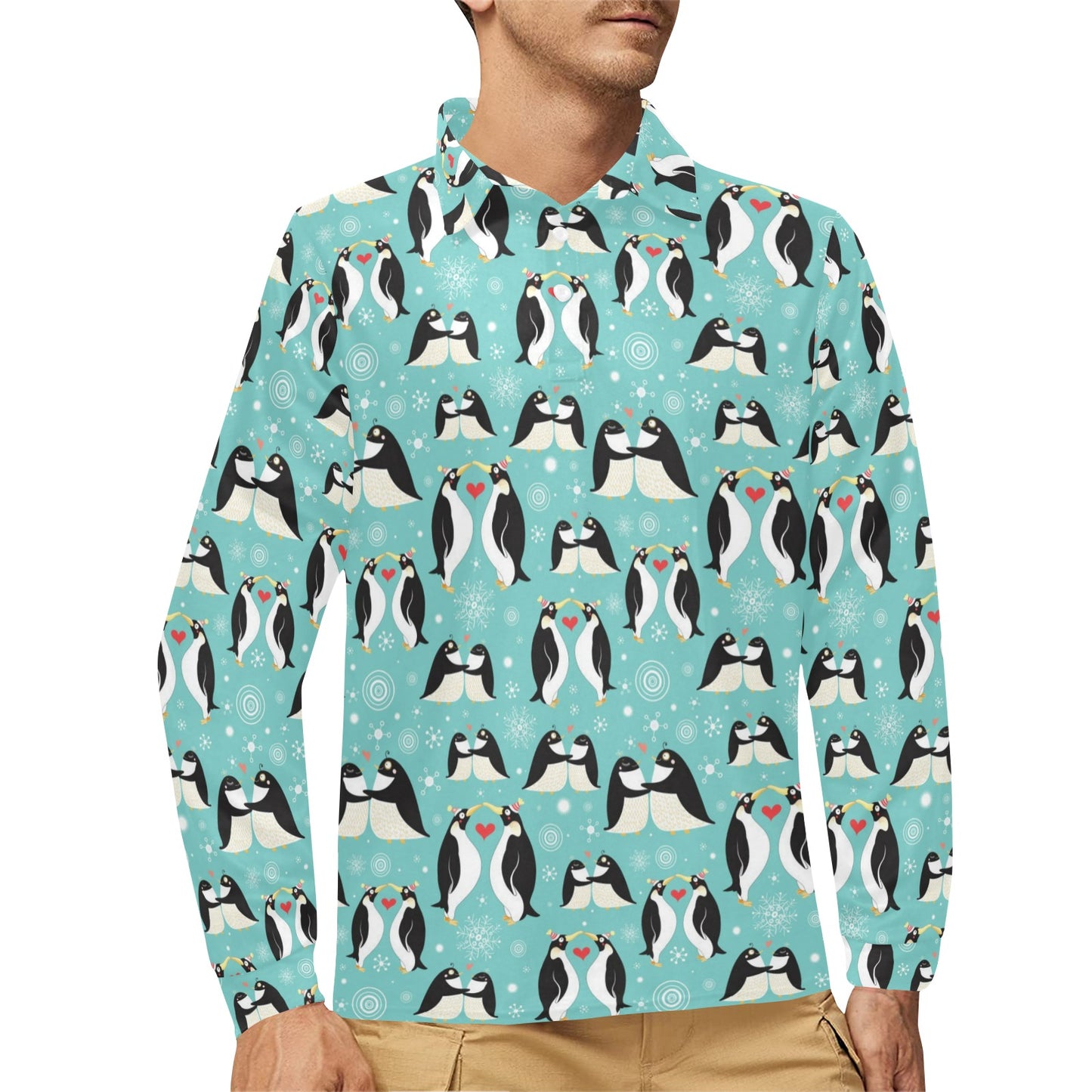 Penguin Love Print Long Sleeve Polo Shirt For Men's