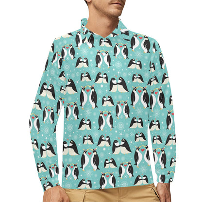 Penguin Love Print Long Sleeve Polo Shirt For Men's