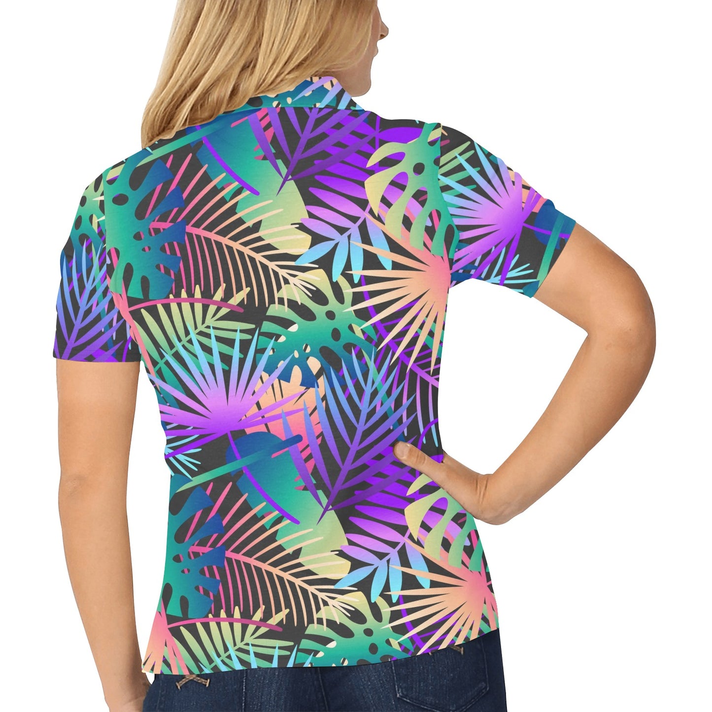 Neon Flower Tropical Palm Leaves Women's Polo Shirt