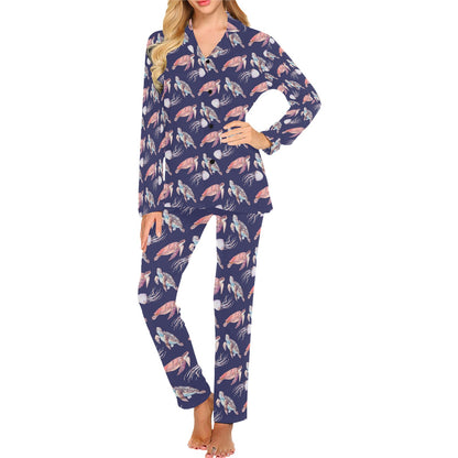 Sea Turtle With Jelly Fish Print Design LKS301 Women's Long Pajama Set