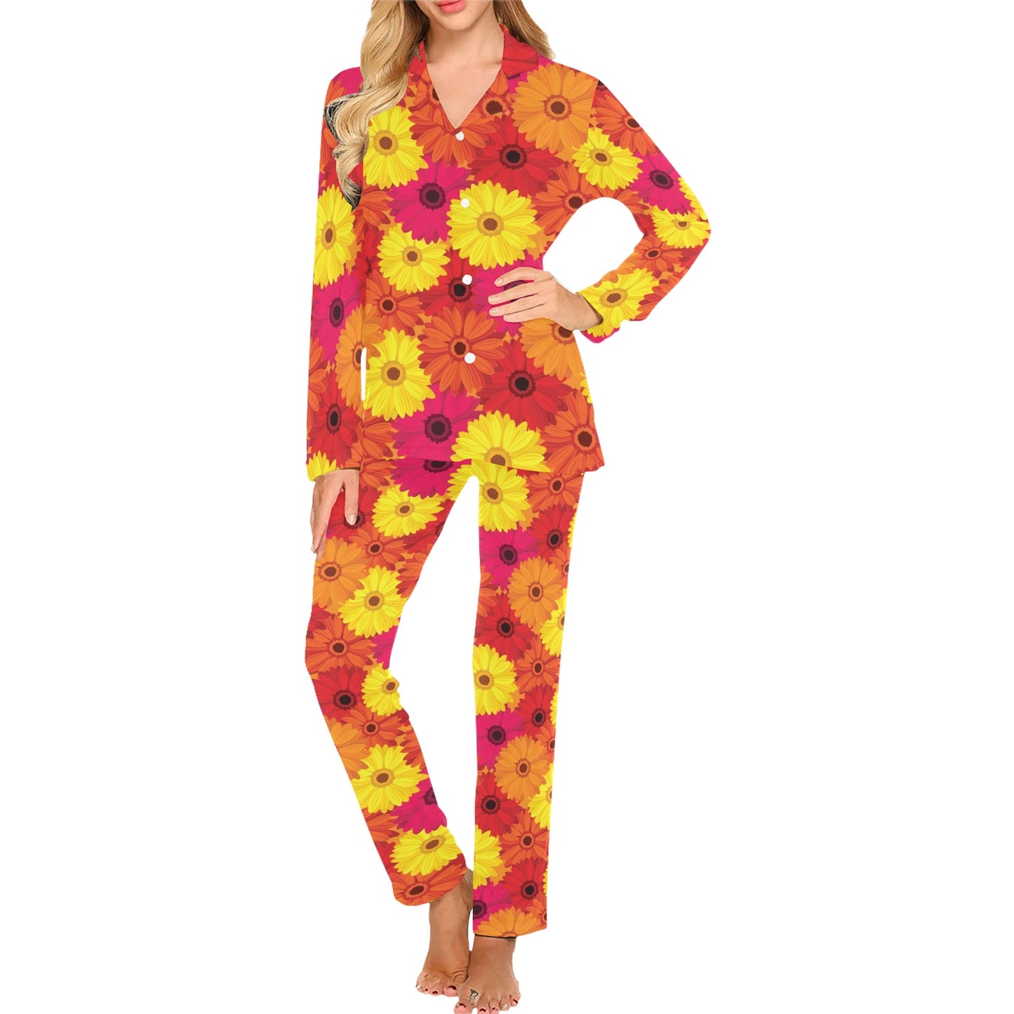 Gerberas Pattern Print Design GB05 Women's Long Pajama Set