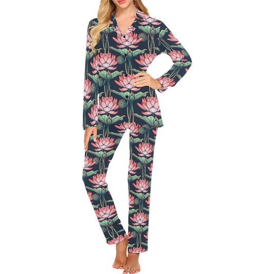 Water Lily Pattern Print Design WL03 Women's Long Pajama Set