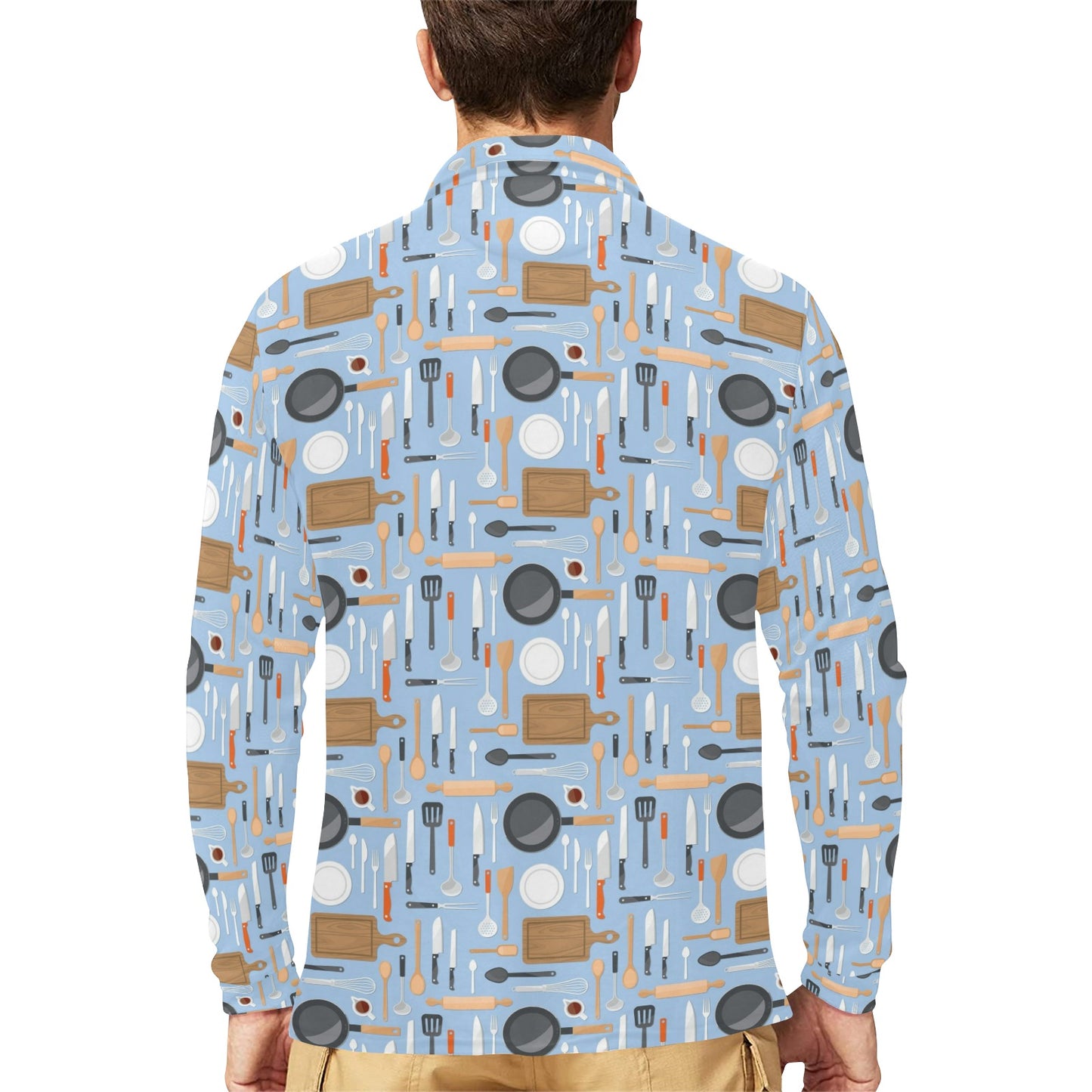 Cooking Kitchen Tools Pattern Print Design 02 Long Sleeve Polo Shirt For Men's