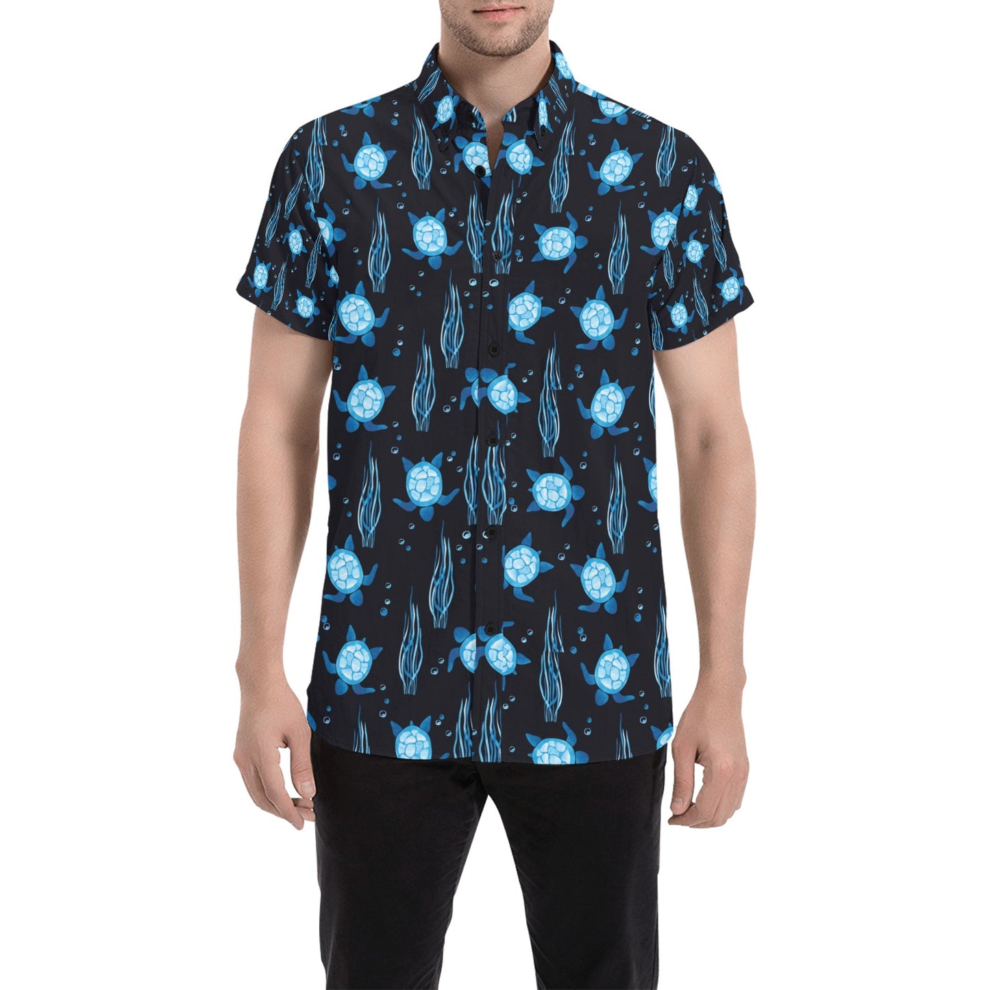 Sea Turtle Print Design LKS3013 Men Short Sleeve Button Up Shirt