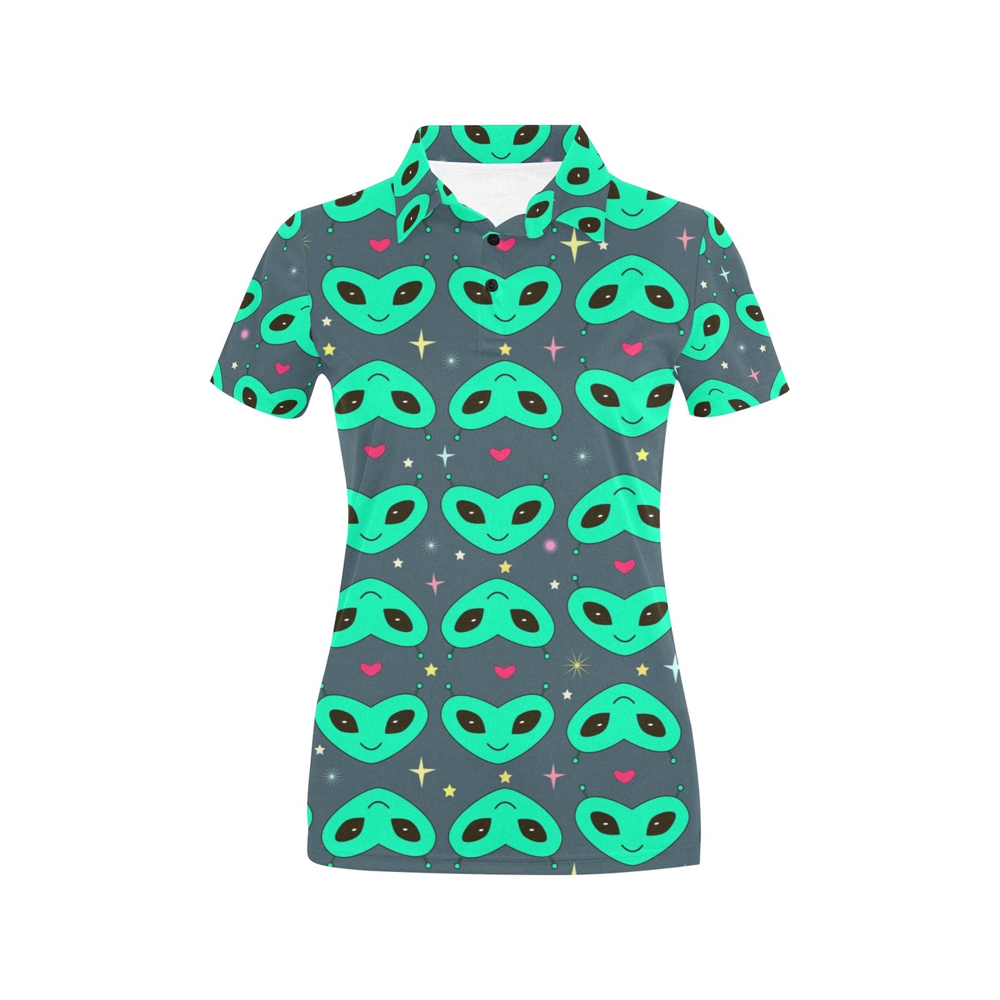 Alien Head Heart Pattern Print Design 03 Women's Polo Shirt