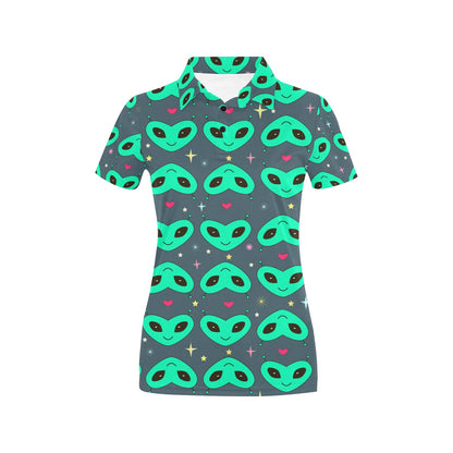 Alien Head Heart Pattern Print Design 03 Women's Polo Shirt