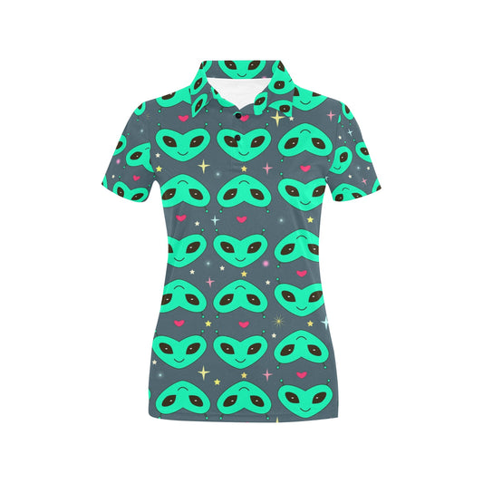 Alien Head Heart Pattern Print Design 03 Women's Polo Shirt