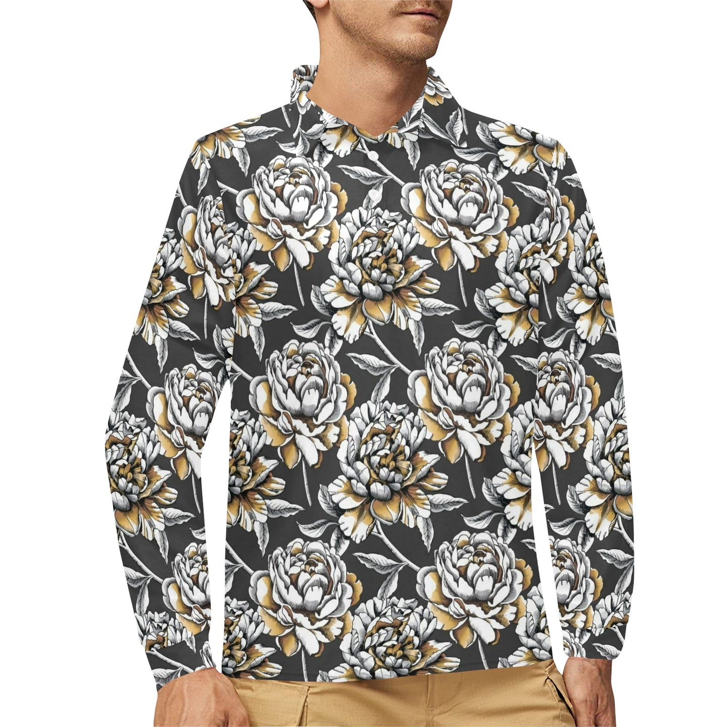 Peony Pattern Print Design PE06 Long Sleeve Polo Shirt For Men's