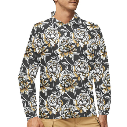 Peony Pattern Print Design PE06 Long Sleeve Polo Shirt For Men's