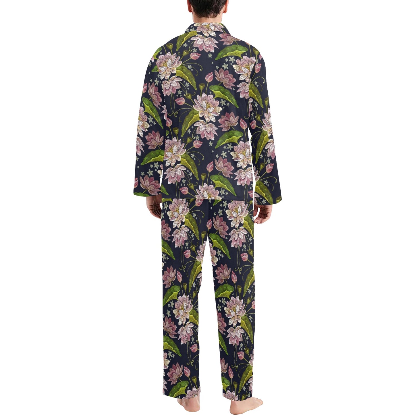 lotus Embroidered Pattern Print Design LO06 Men's Long Pajama Set