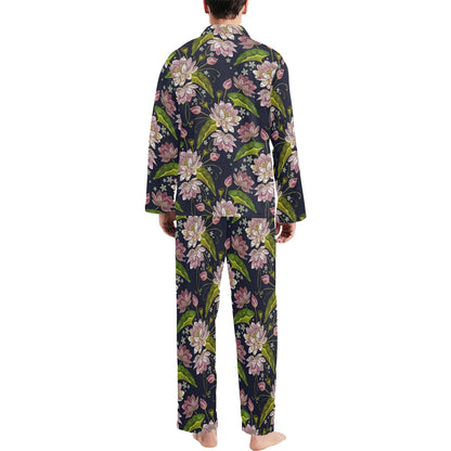 lotus Embroidered Pattern Print Design LO06 Men's Long Pajama Set