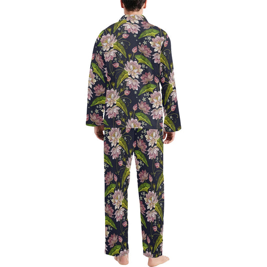 lotus Embroidered Pattern Print Design LO06 Men's Long Pajama Set