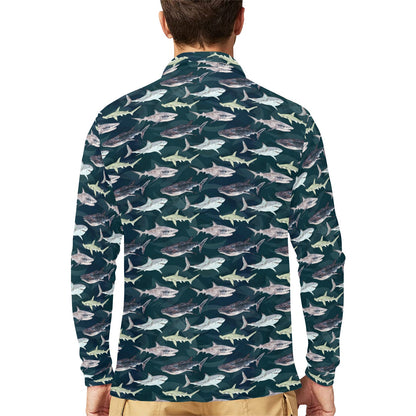 Shark Pattern Print Long Sleeve Polo Shirt For Men's
