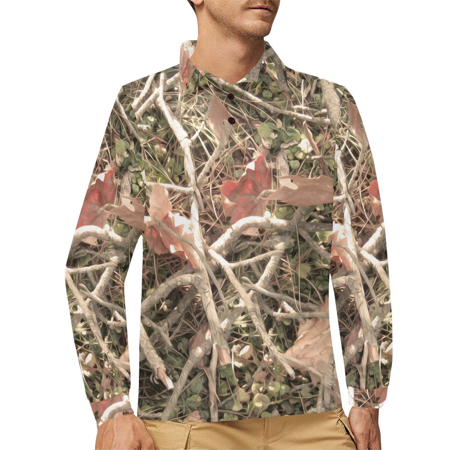 Camouflage Realistic Tree Authumn Print Long Sleeve Polo Shirt For Men's