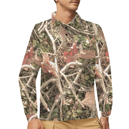 Camouflage Realistic Tree Authumn Print Long Sleeve Polo Shirt For Men's