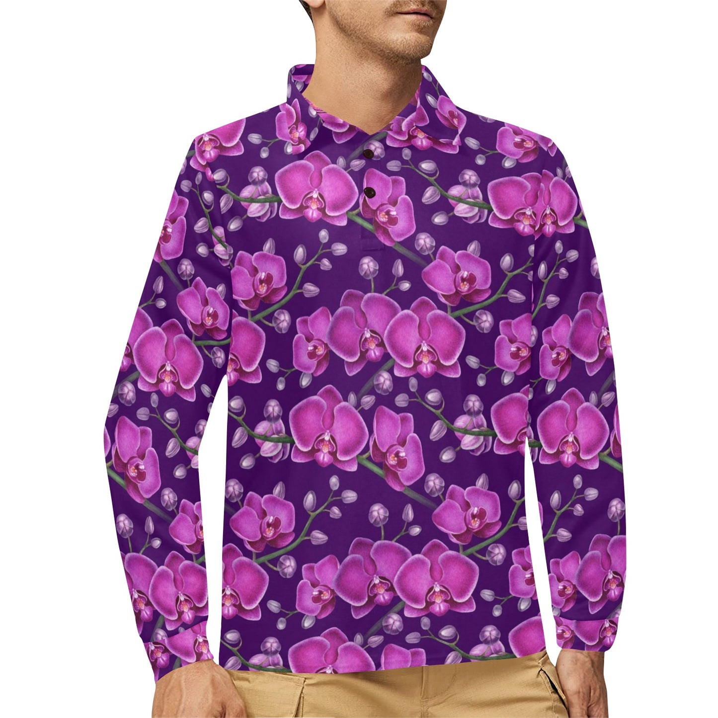 Orchid Purple Pattern Print Design OR02 Long Sleeve Polo Shirt For Men's