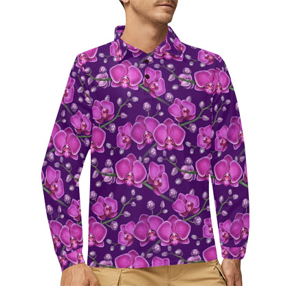 Orchid Purple Pattern Print Design OR02 Long Sleeve Polo Shirt For Men's