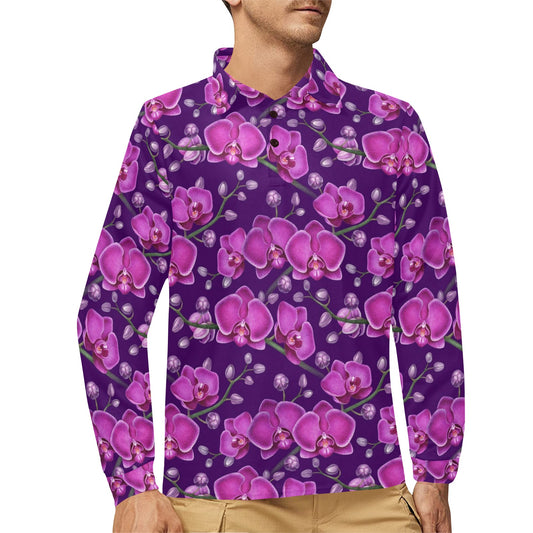 Orchid Purple Pattern Print Design OR02 Long Sleeve Polo Shirt For Men's