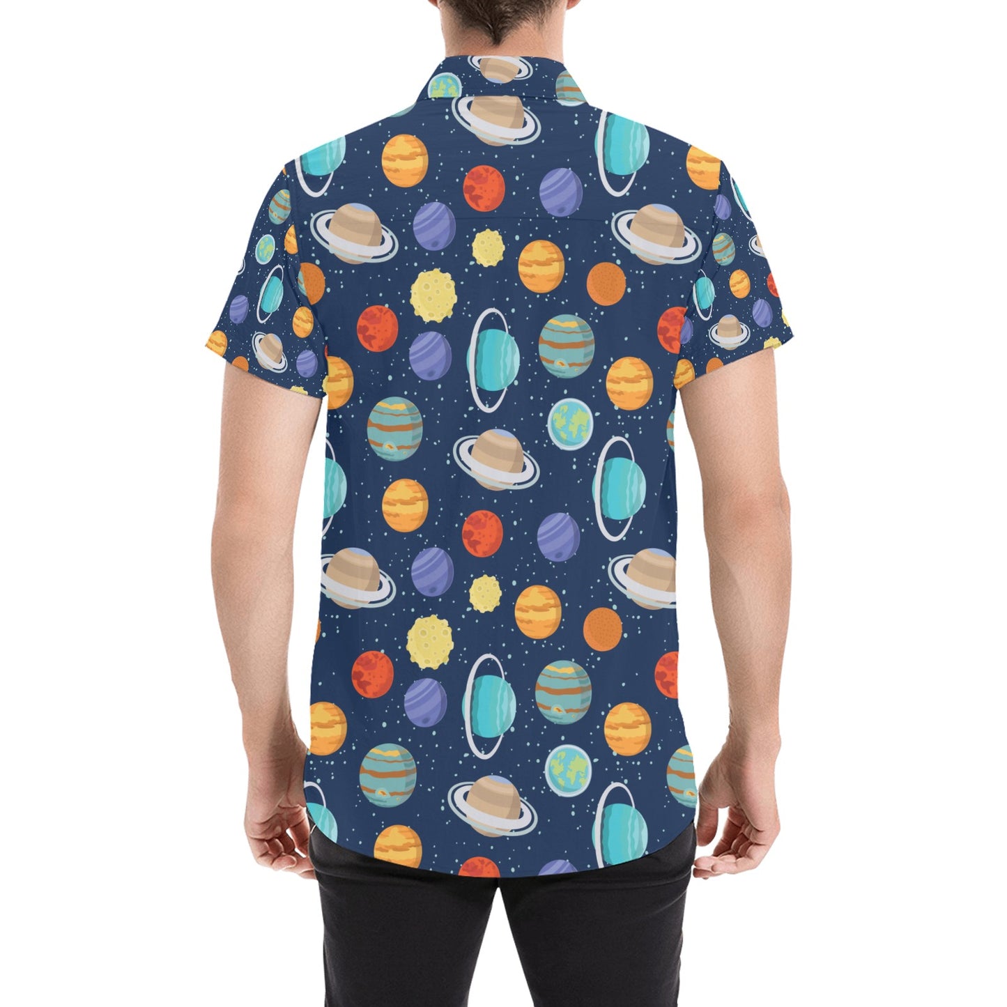 Planet With Star Print Design LKS303 Men Short Sleeve Button Up Shirt