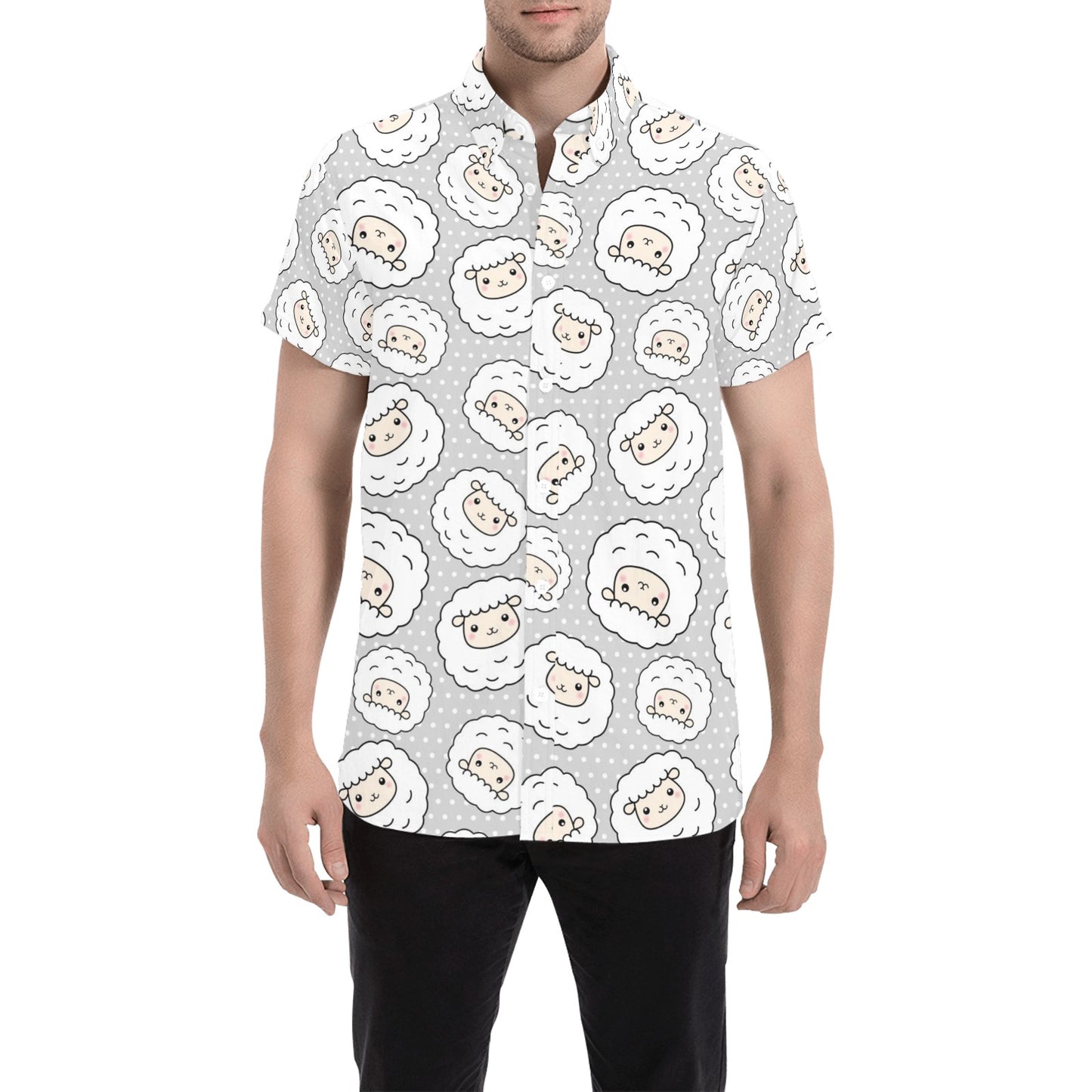 Sheep Print Design LKS401 Men Short Sleeve Button Up Shirt