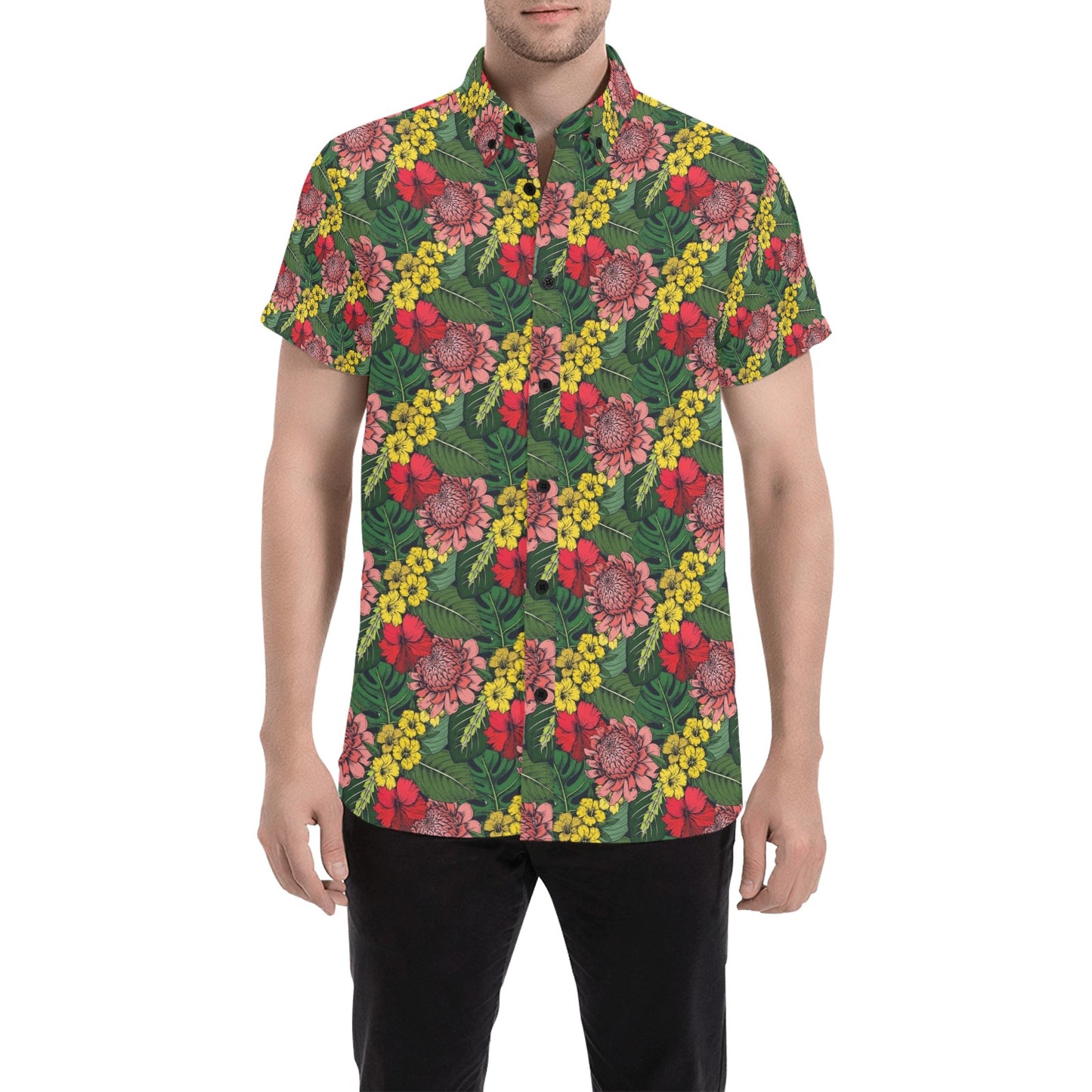 Summer Floral Print Design LKS305 Men Short Sleeve Button Up Shirt