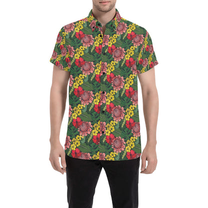 Summer Floral Print Design LKS305 Men Short Sleeve Button Up Shirt
