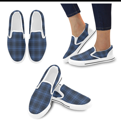 Tartan Blue Print Design LKS304 White Slip Ons Canvas Women's Shoes