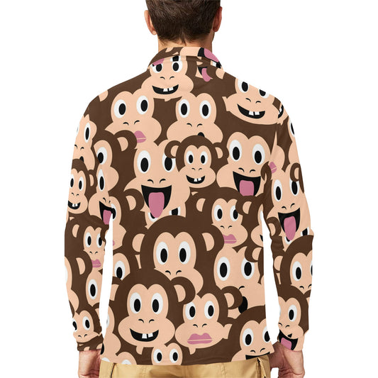 Emoji Monkey Print Pattern Long Sleeve Polo Shirt For Men's